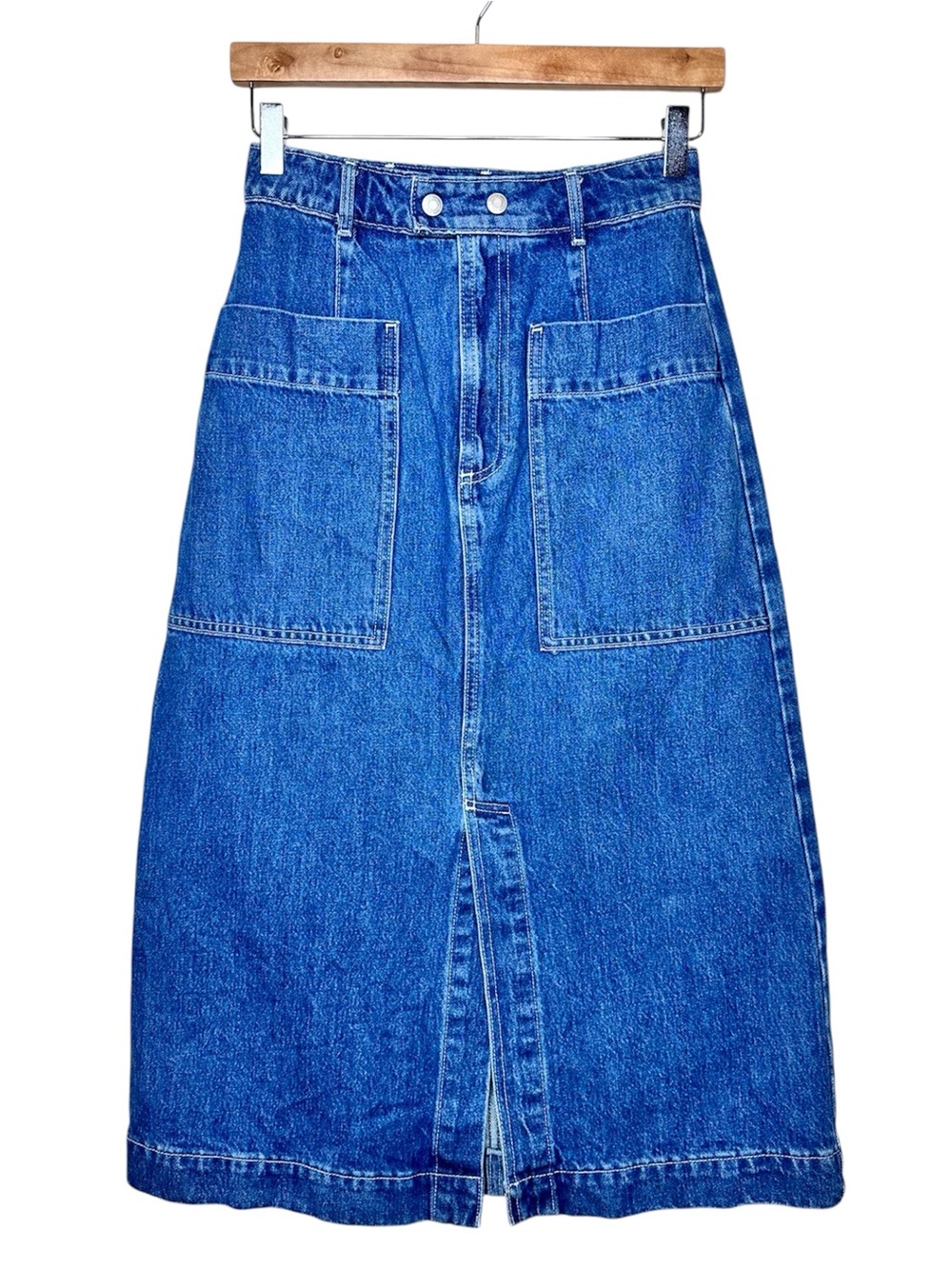 GAP Denim A-line Midi Skirt Size 0 Utility Pocket High Waist Medium Blue Wash - Picture 6 of 15